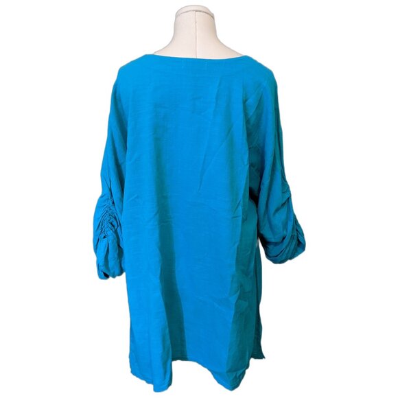 Womens Turquoise 100% Cotton Texture Tunic Top 3/4 Ruched Sleeve Lagenlook XL - Picture 6 of 8
